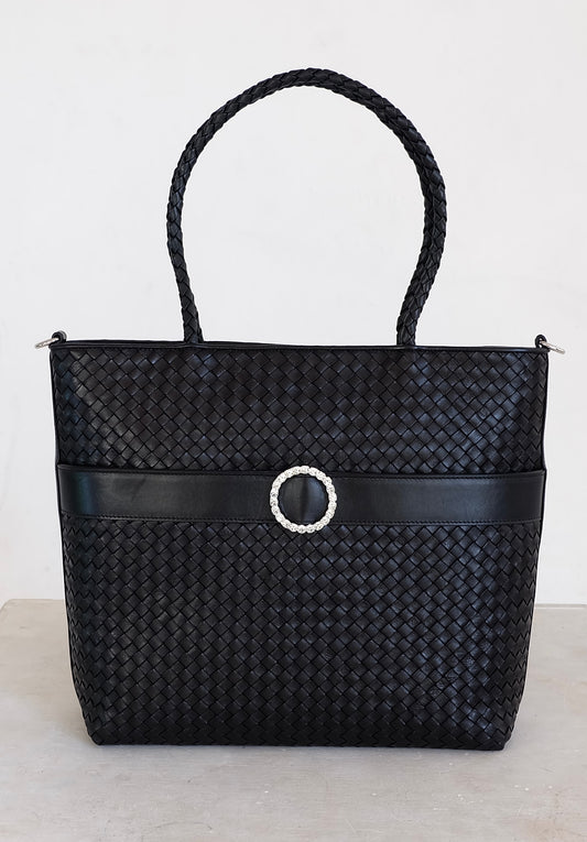 Sustainable Italian leather designer handbag, medium tote and crossbody in charcoal-black. Handbag with accent buckle that is a functional work of art.