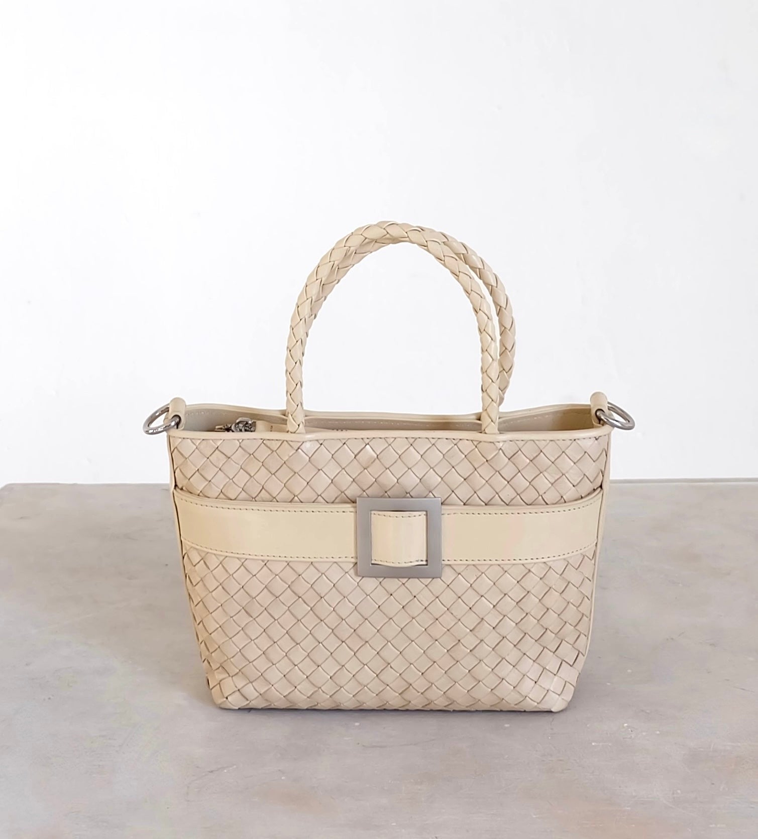 Mini tote in cream square silver accent buckle