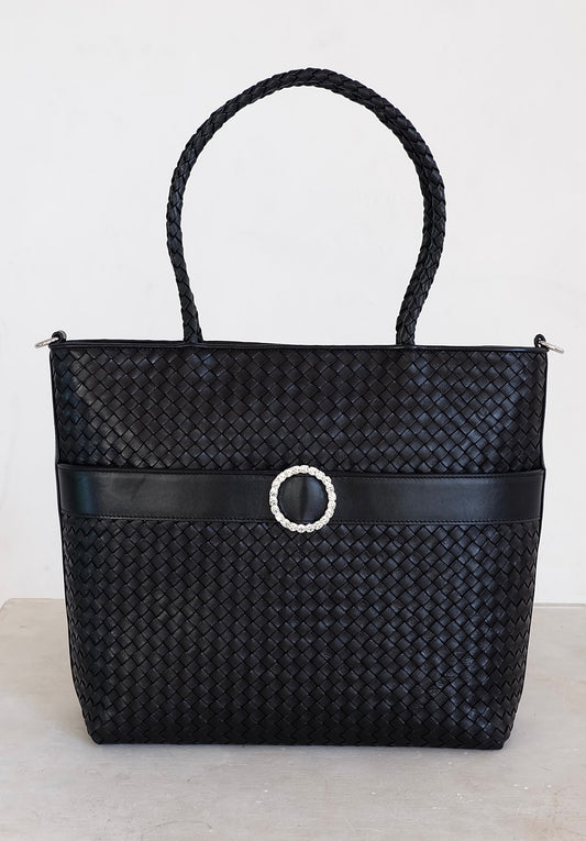  Sustainable Italian leather designer handbag, medium tote and crossbody in charcoal-black. Handbag with accent buckle that is a functional work of art.