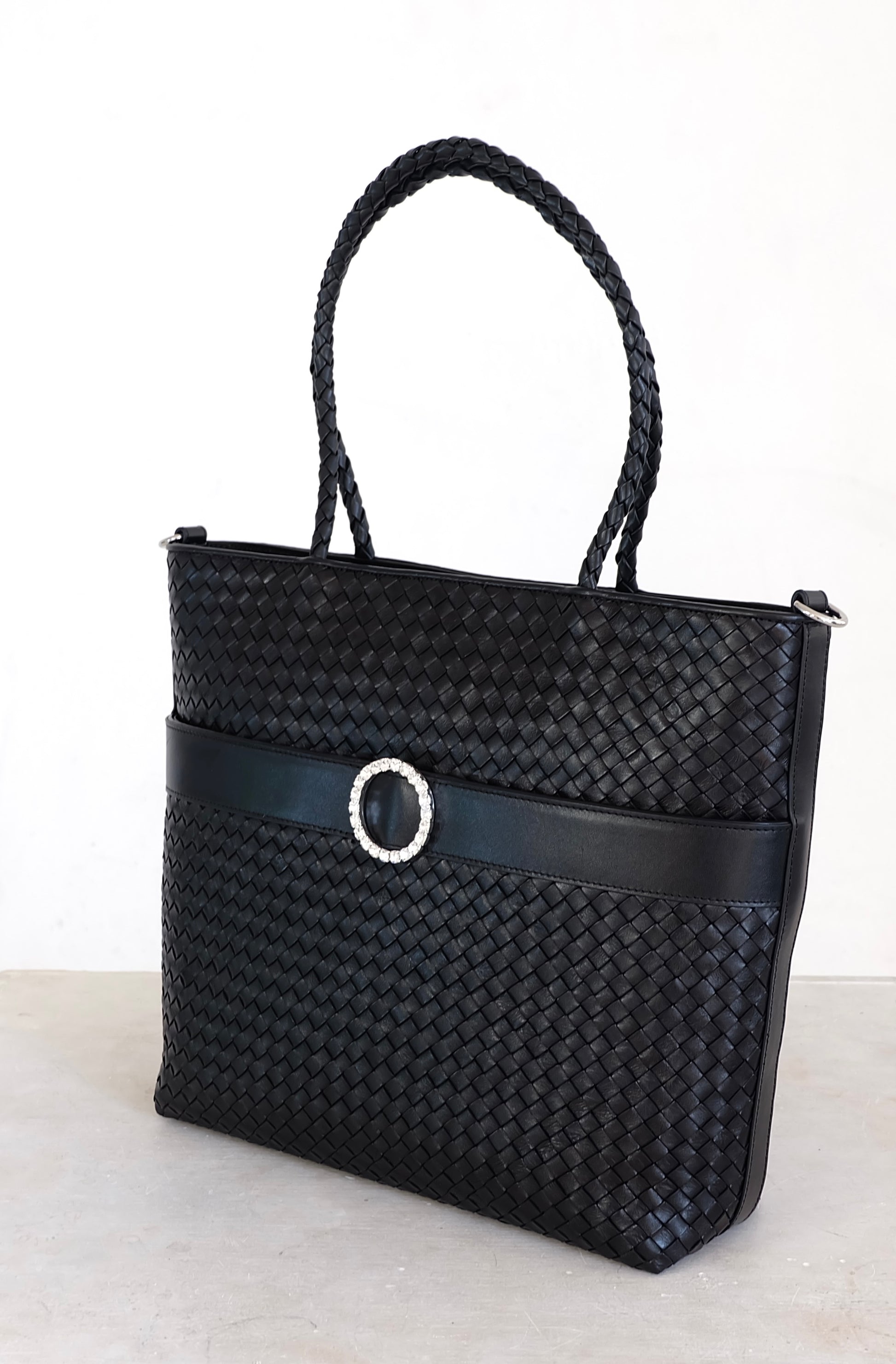  Sustainable Italian leather designer handbag, medium tote and crossbody in charcoal-black. Handbag with accent buckle that is a functional work of art.