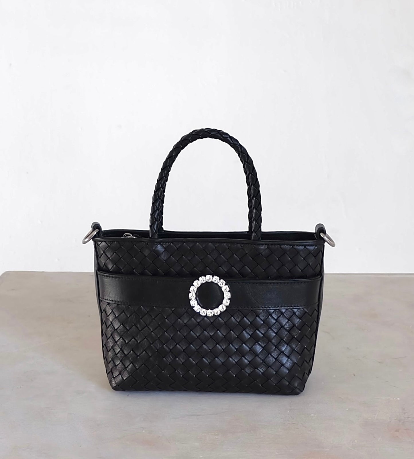 Mini tote in charcoal (round rhinestone accent buckle)