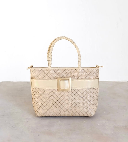 Mini tote in cream (square golden accent buckle)